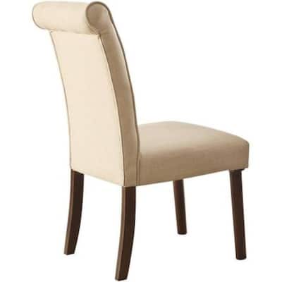 Fabric Upholstered Wooden Side Chair with Button Tufted Back, Beige and Brown