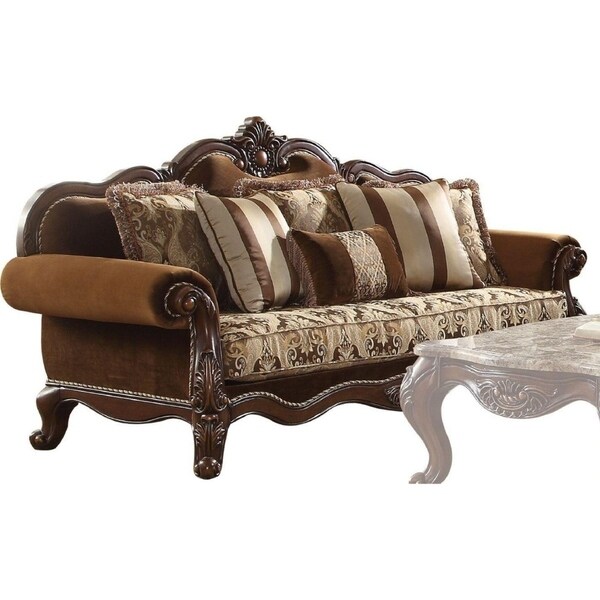 Traditional Style Wood And Fabric Sofa With 6 Pillows Cherry Oak Brown