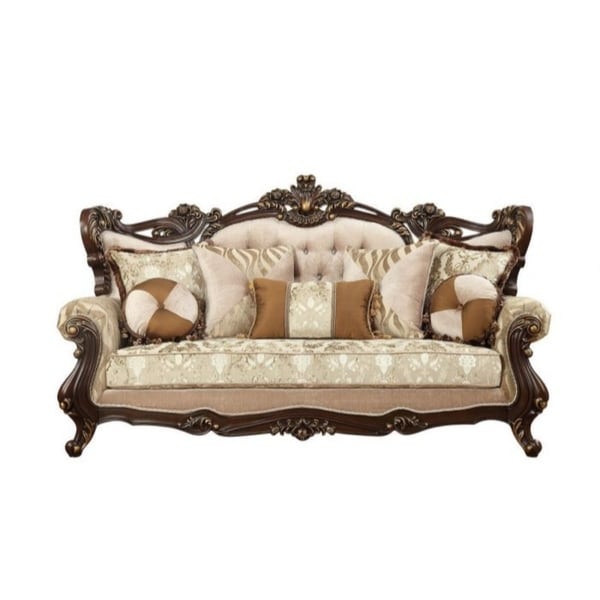 Traditional Style Wooden Sofa With 7 Pillows Brown