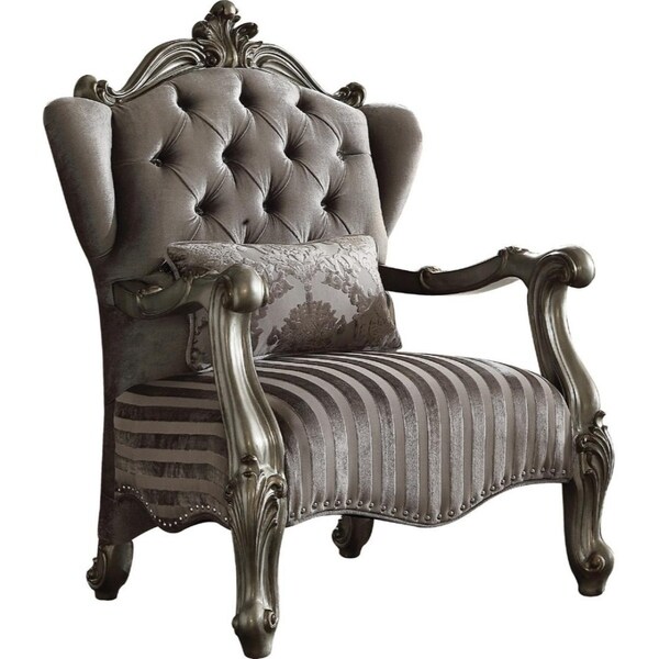 Traditional Style Velvet Upholstered Wooden Chair With Kidney Pillow Gray