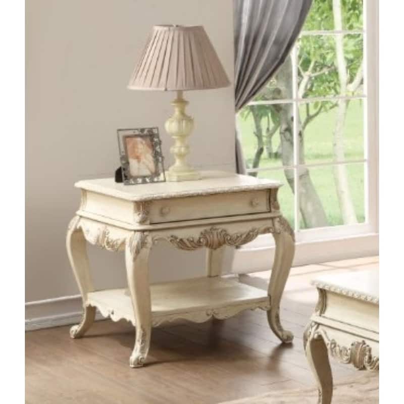 Wooden End Table with One Drawer and Bottom Shelf, Antique White