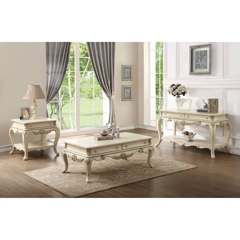 Wooden End Table with One Drawer and Bottom Shelf, Antique White