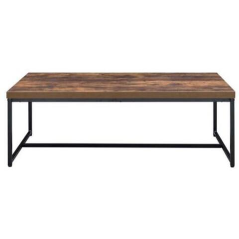Metal Framed Coffee Table with Wooden Top, Weathered Oak Brown and Black