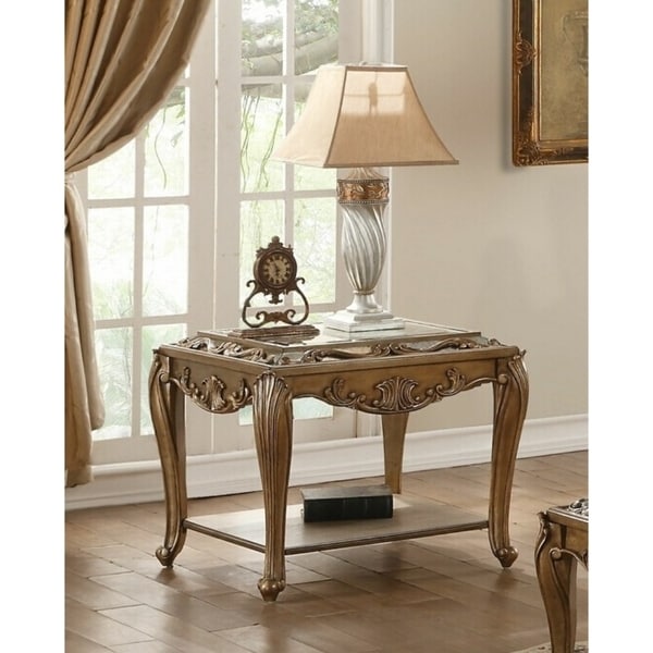 Wooden End Table with One shelf and Beveled Edge Mirrored Top, Antique Gold