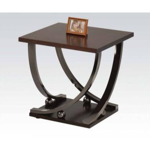Wood and Metal End Table with Sweeping Legs, Dark Walnut Brown and Black