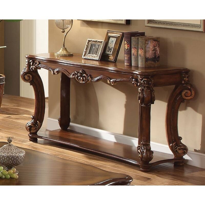 Rectangular Sofa Table with Scrolled Leg and Bottom Shelf, Cherry Brown