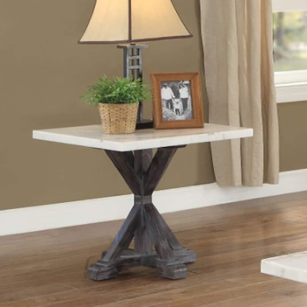Marble Top End Table With Wooden Tri-Pod Base, White And Espresso Brown
