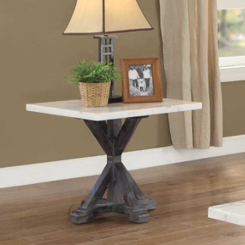 Marble Top End Table With Wooden Tri-Pod Base, White And Espresso Brown