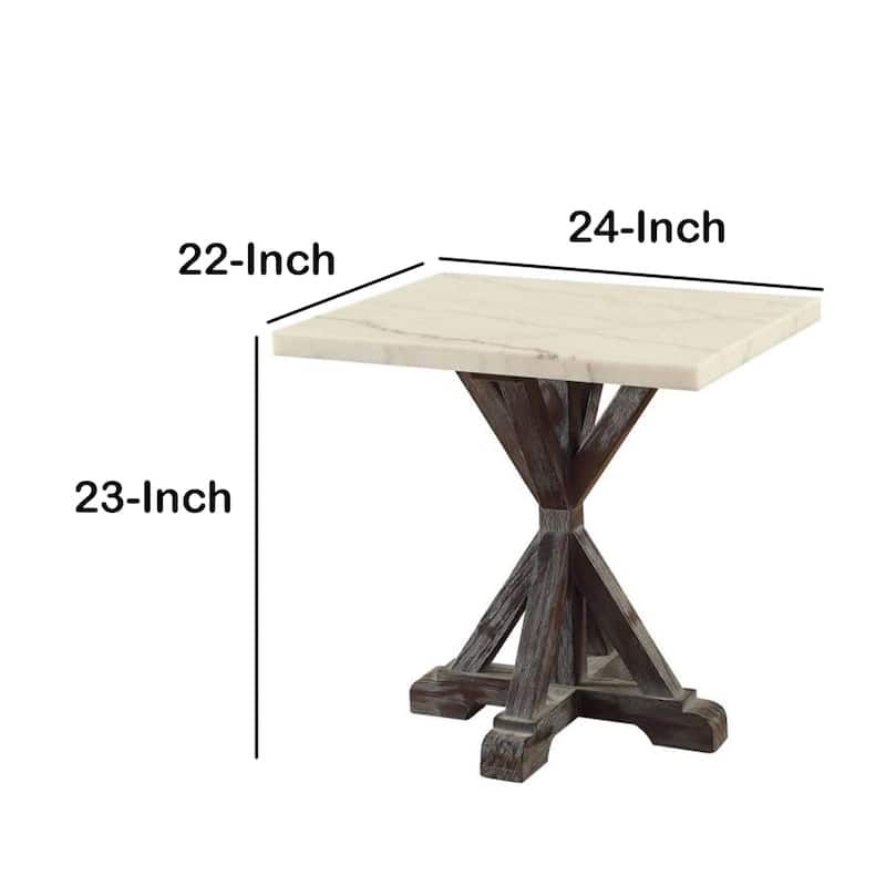 Marble Top End Table With Wooden Tri-Pod Base, White And Espresso Brown