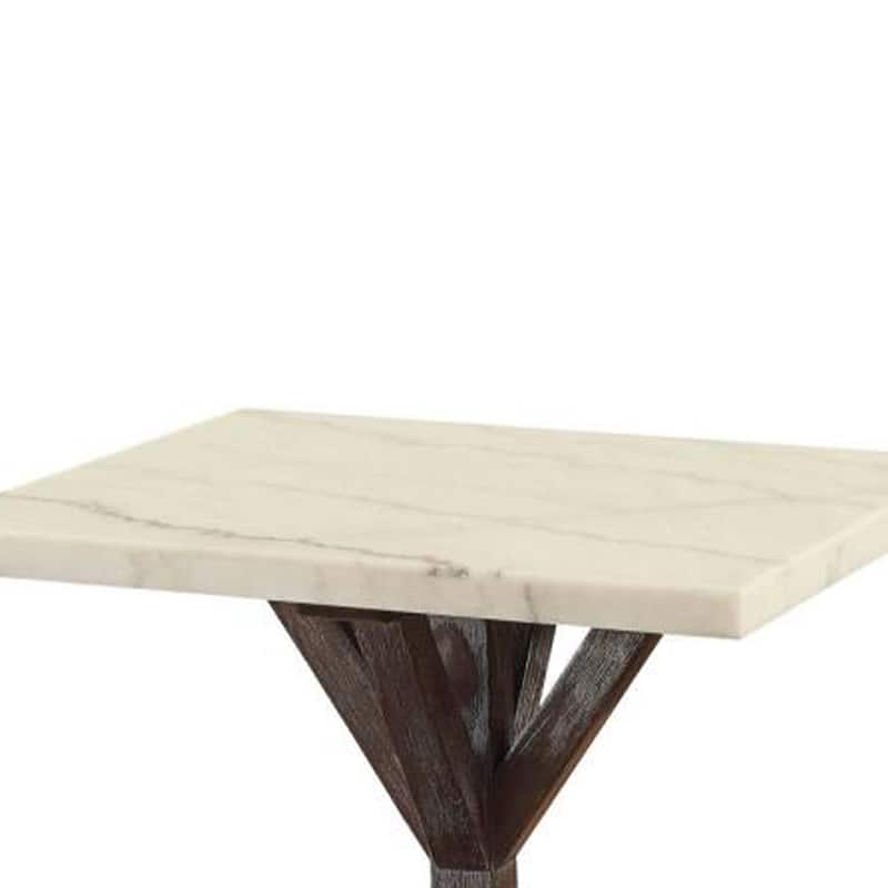 Marble Top End Table With Wooden Tri-Pod Base, White And Espresso Brown