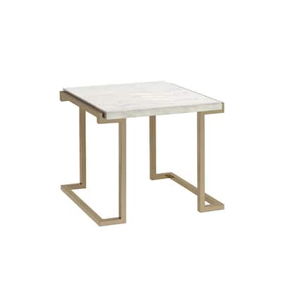 Marble Top End Table with Metal Base, White and Gold