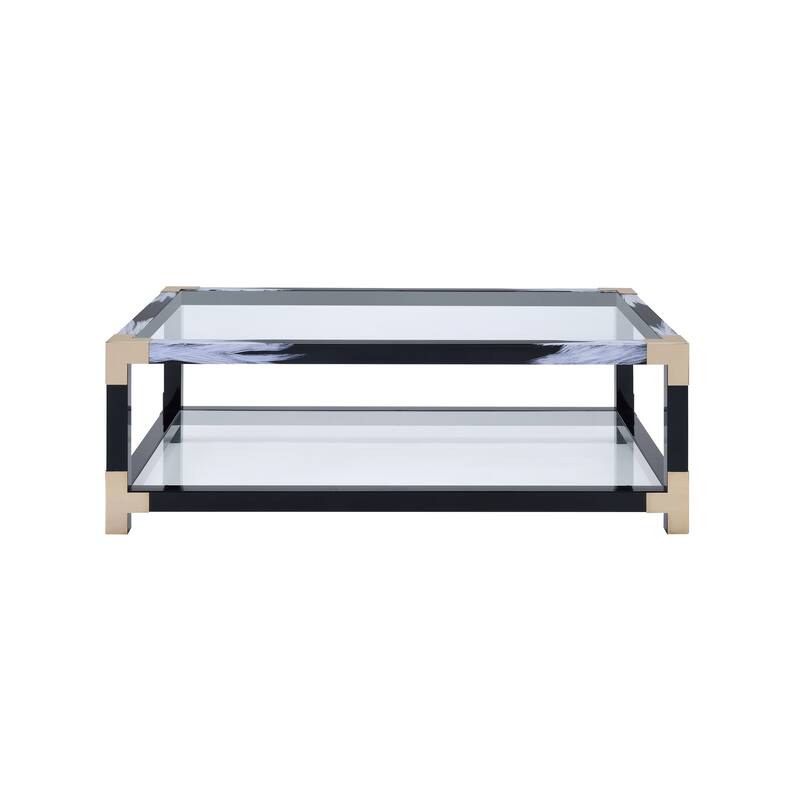 Rectangular Metal Coffee Table with Glass Top and Shelf, Black
