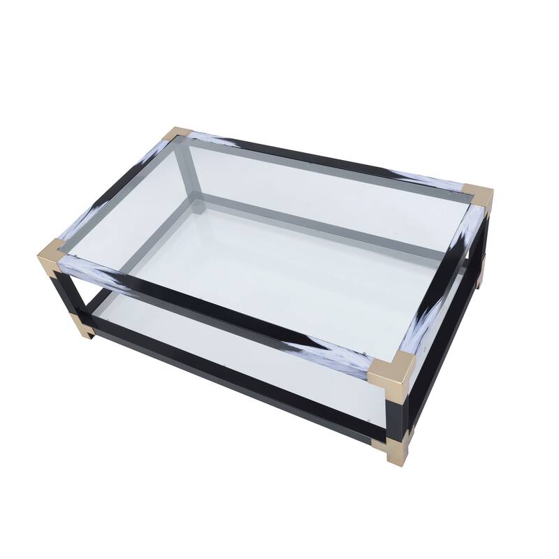 Rectangular Metal Coffee Table with Glass Top and Shelf, Black