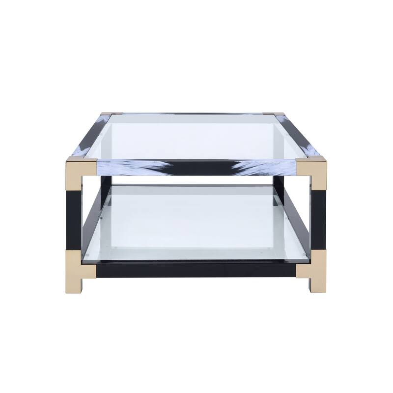 Rectangular Metal Coffee Table with Glass Top and Shelf, Black