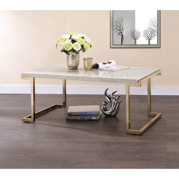 Shop Marble Top Coffee Table With Metal Base, White And ...