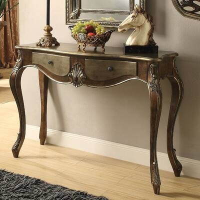 Two Drawer Wooden Console Table With Queen Anne Legs, Bronze And Gold