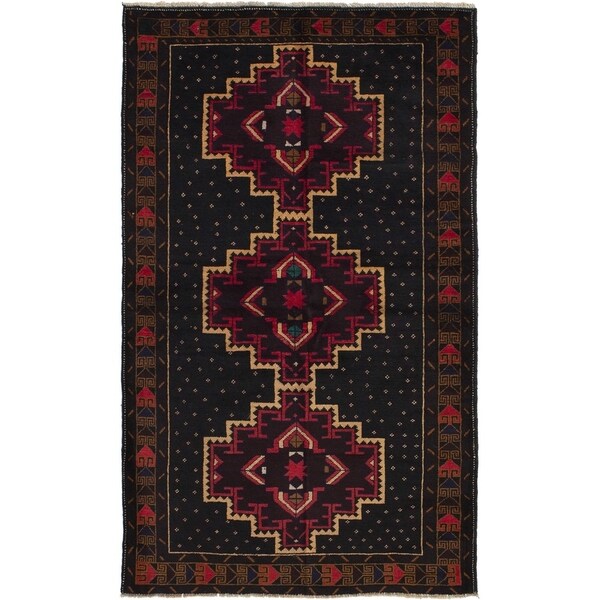 ECARPETGALLERY Hand-knotted Finest Rizbaft Black, Burgundy Wool Rug - 3'7 x 6'3