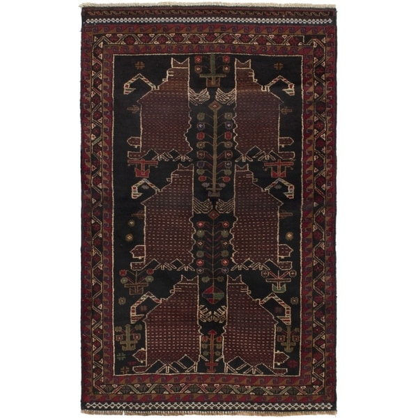 ECARPETGALLERY Hand-knotted Rizbaft Dark Red Wool Rug - 3'3 x 5'0