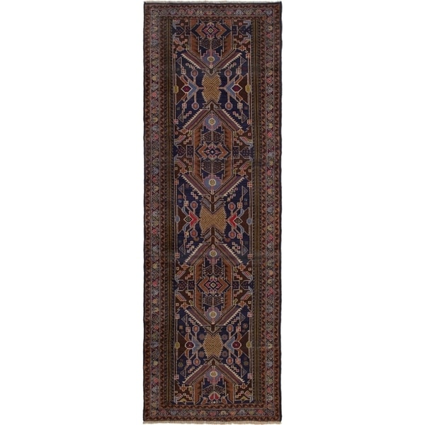 ECARPETGALLERY Hand-knotted Finest Rizbaft Brown, Dark Navy Wool Rug - 2'11 x 9'2