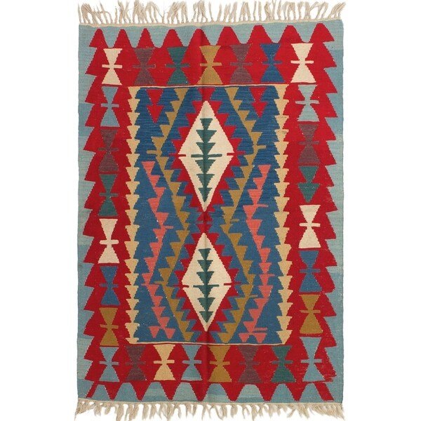 ECARPETGALLERY Flat-weave Ankara FW Dark Blue, Red Wool Kilim - 3'11 x 5'7