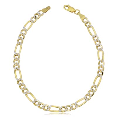10k Yellow Gold 4.8mm White Pave Figaro Bracelet