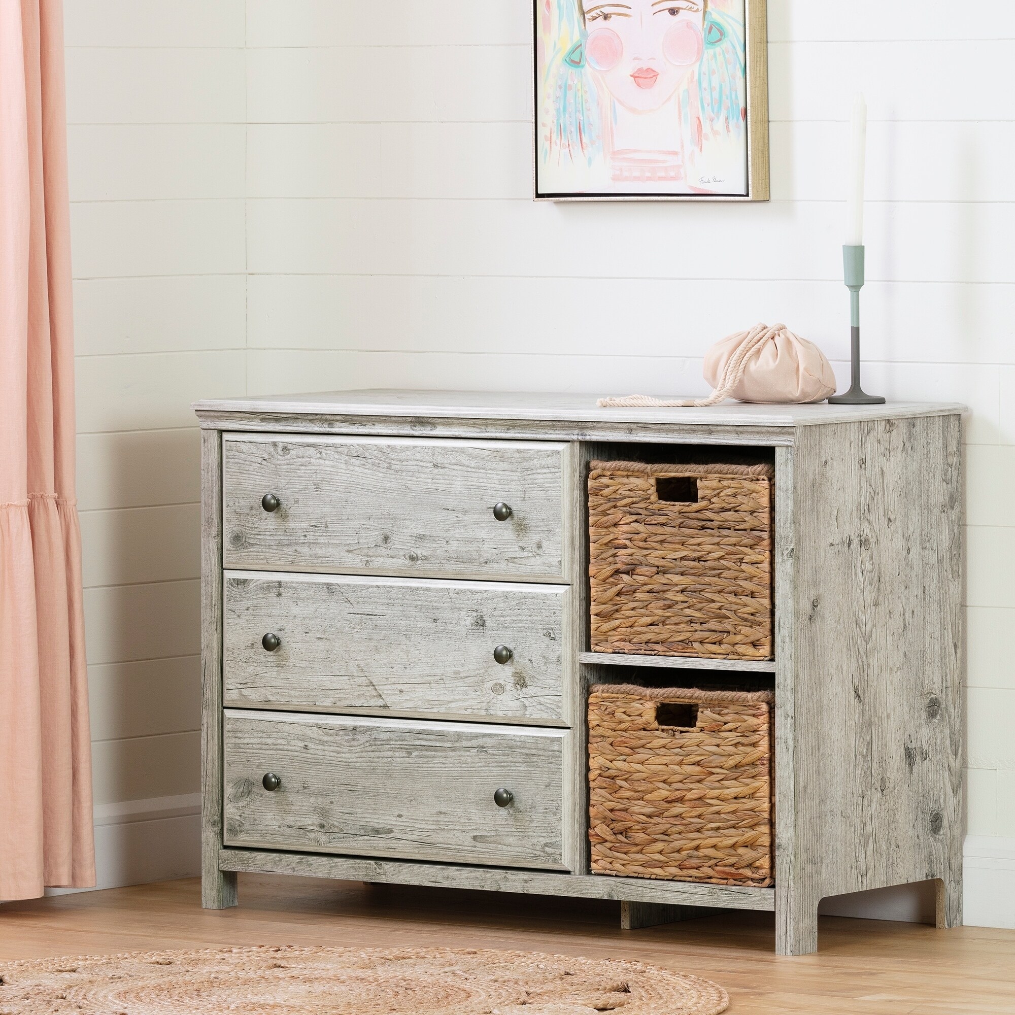 South Shore Cotton Candy 3 Drawer Dresser With Baskets Soft Gray