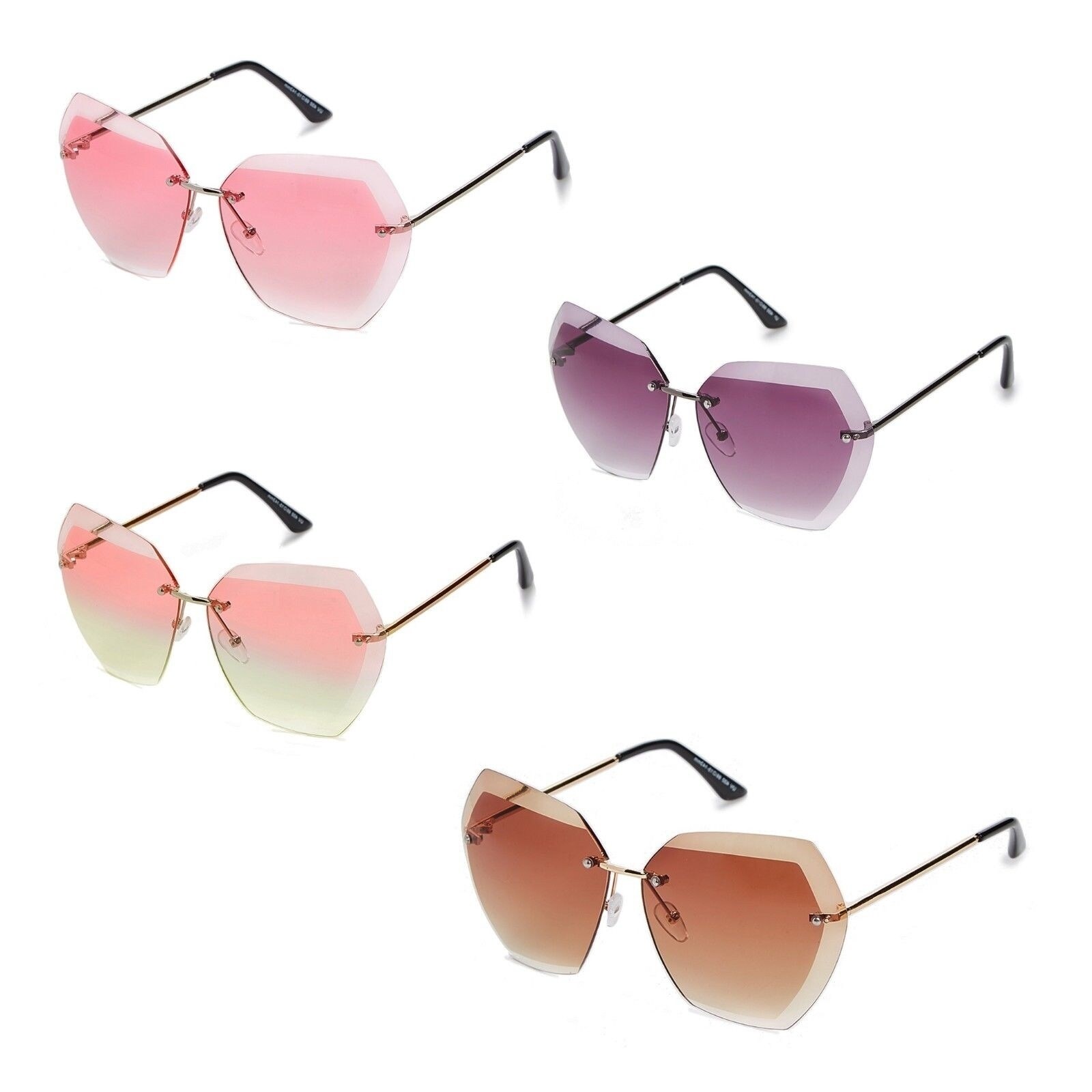 CLASSIC VINTAGE RETRO Style SUN GLASSES Gold Rimless Frame Diamond Cut Pink Lens