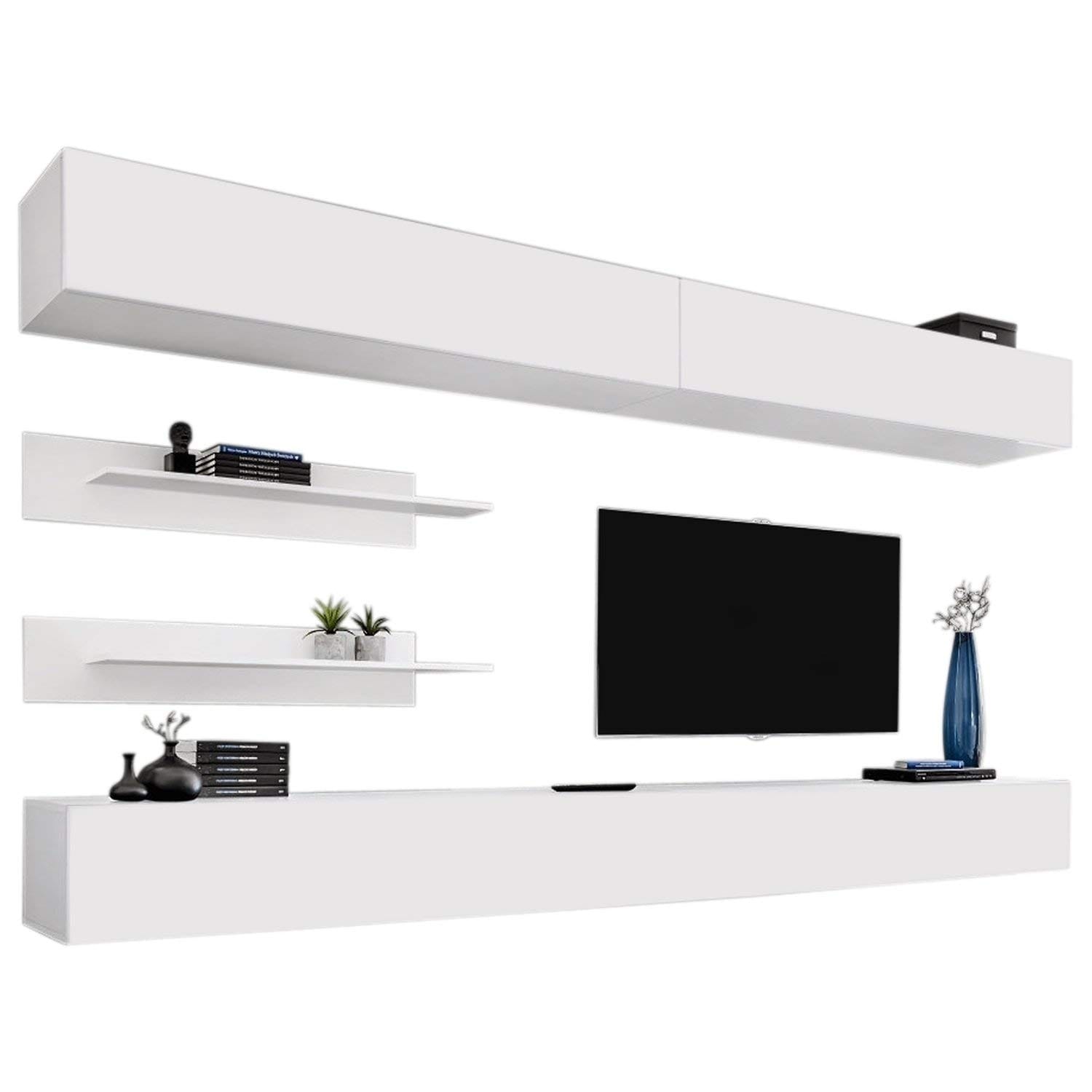 Meble Furniture Fly I Wall Mounted Floating Entertainment Center for up to 70" TVs - 126"W x 67"H - Modern Glossy & Matte