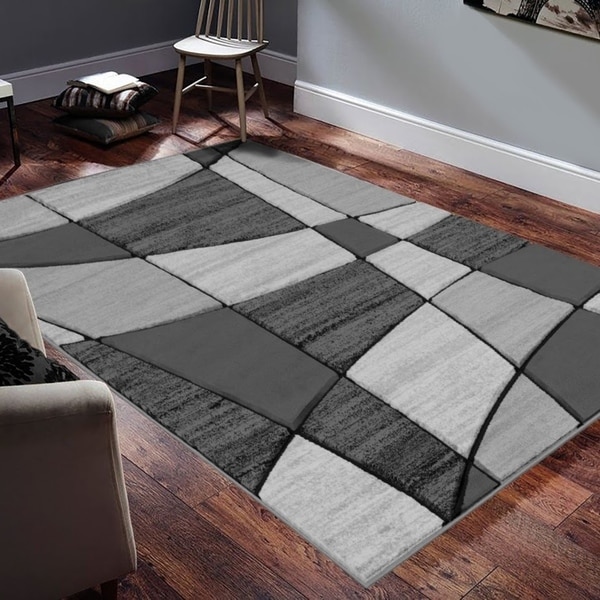 Allstar Rugs Hand-Carved Grey and White Rectangular Accent Area Rug with Charcoal Grey Abstract Geometric Design - 9' 8" x 7' 5"