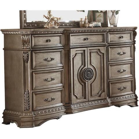 Marble Top Dresser with Nine Drawers and Two Door Shelf, Antique Champagne