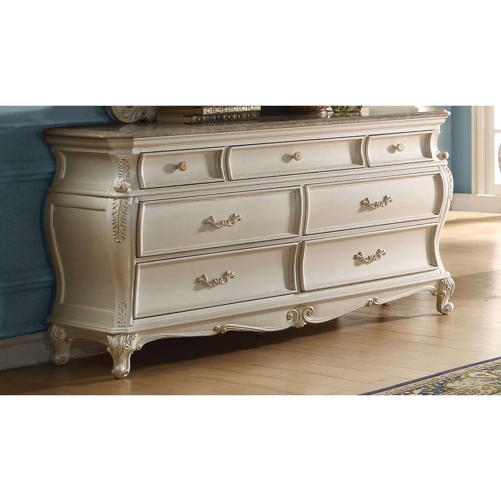 Seven Drawers Wooden Dresser With Granite Top Pearl White