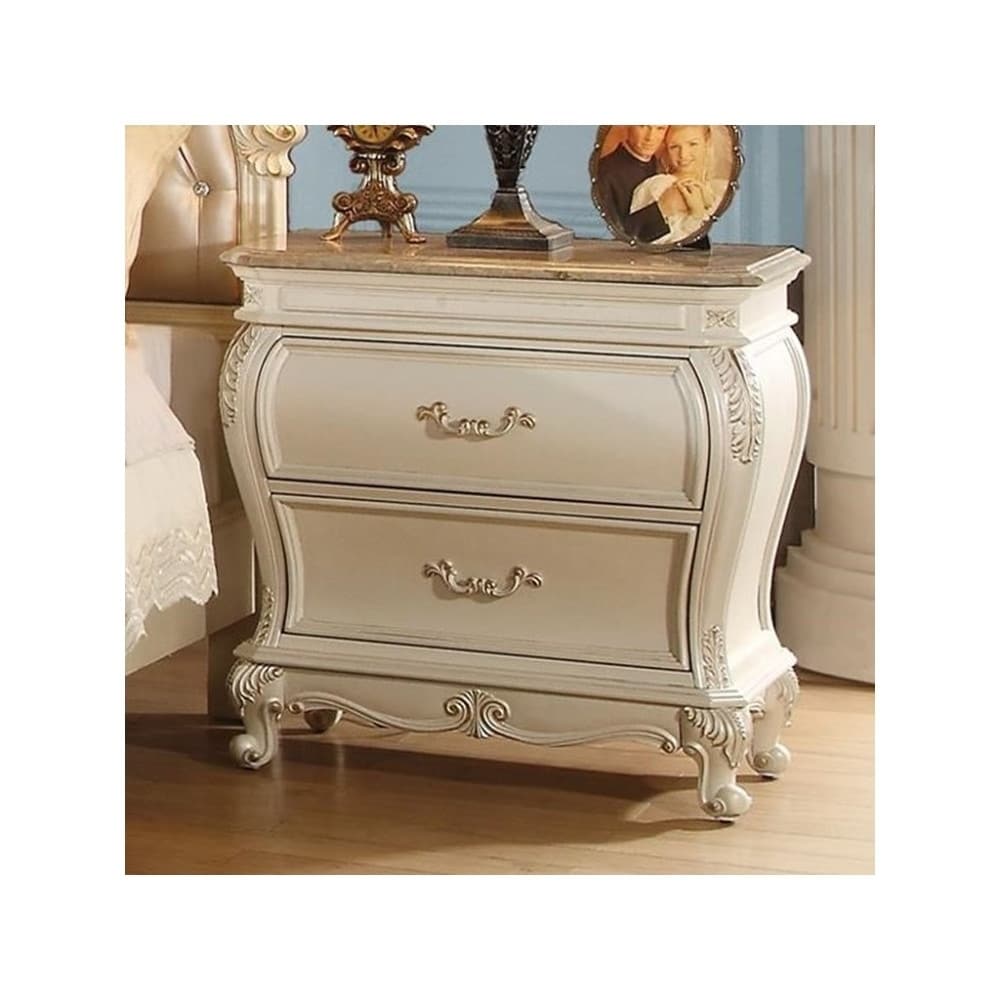 Two Drawers Wooden Nightstand With Granite Top Pearl White