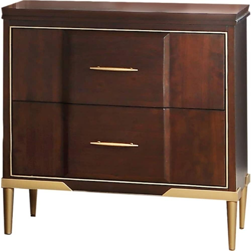 Shop Wooden Two Drawer Nightstand With Gold Plated Metal Trim Cherry On Sale Overstock 25688027