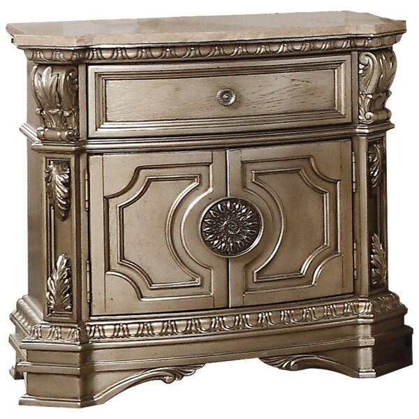 Antique Champagne Wood And Marble Top Nightstand