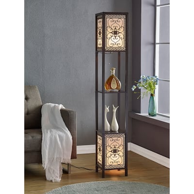 48.5-65-inch Adjustable H 1-Light Matte Black and Antique Brass Floor Lamp  with White Fabric Shade