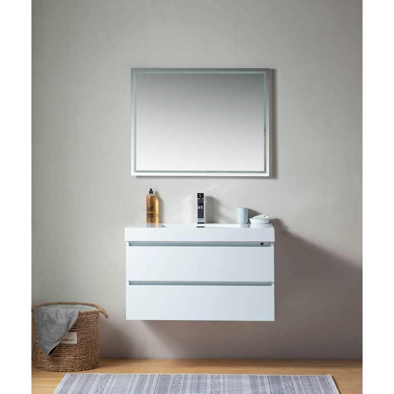 Vanity Art 36-Inch Single Sink Wall Mounted Bathroom Vanity Set White Stone Top Glossy Finish, 2 Drawers