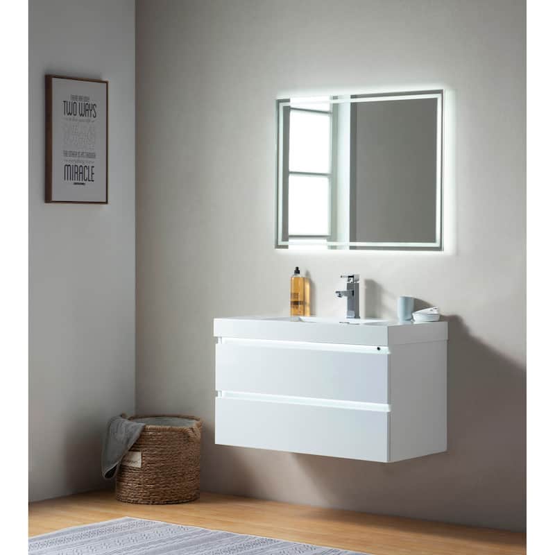 Vanity Art 36-Inch Single Sink Wall Mounted Bathroom Vanity Set White Stone Top Glossy Finish, 2 Drawers