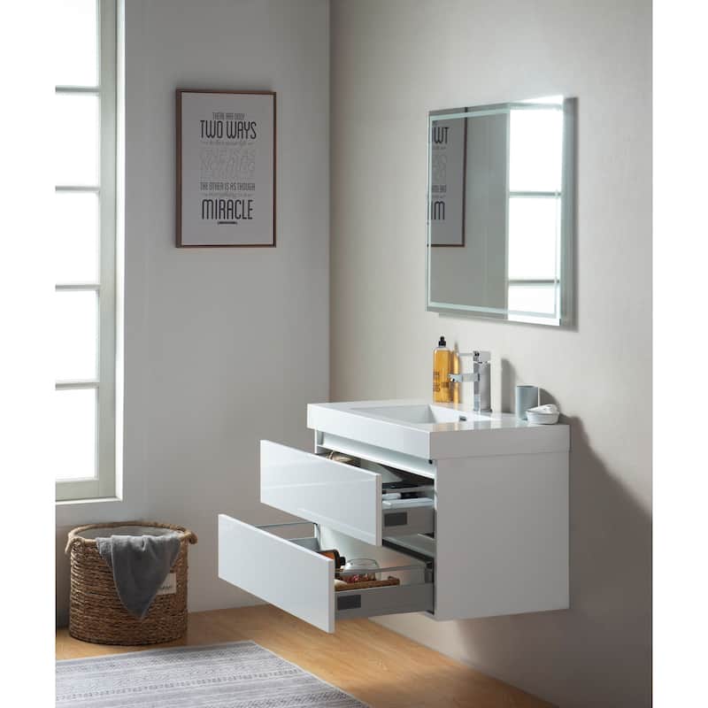 Vanity Art 36-Inch Single Sink Wall Mounted Bathroom Vanity Set White Stone Top Glossy Finish, 2 Drawers