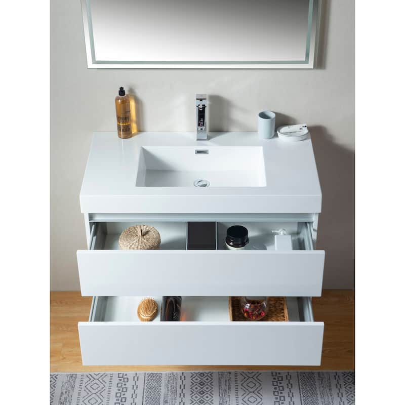 Vanity Art 36-Inch Single Sink Wall Mounted Bathroom Vanity Set White Stone Top Glossy Finish, 2 Drawers