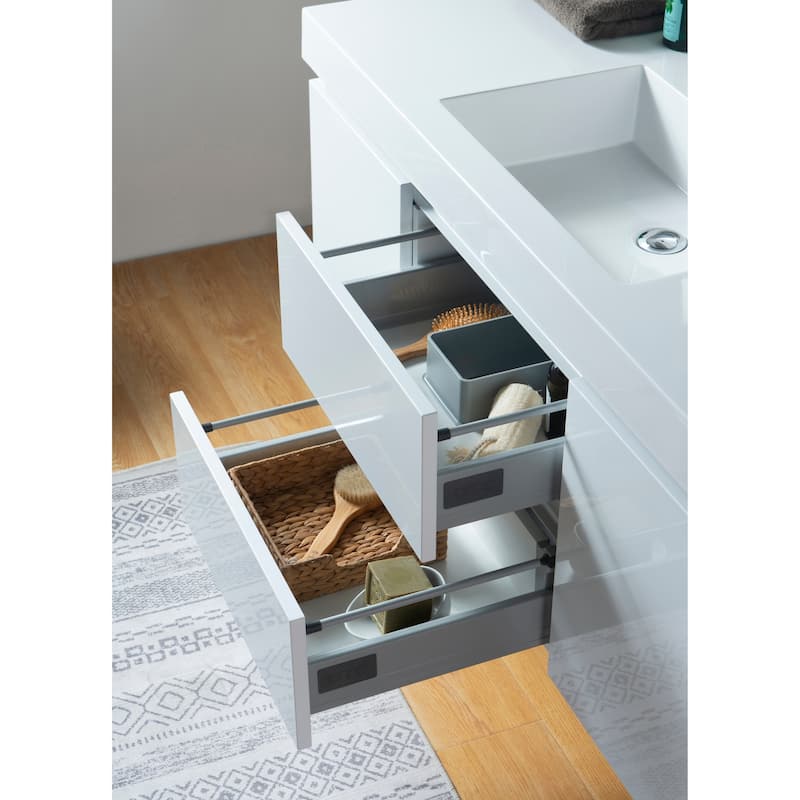 Vanity Art 48-Inch Single Sink Wall-Hung Bathroom Vanity Set White Stone Top Glossy Finish 2 Drawers 4 shelves