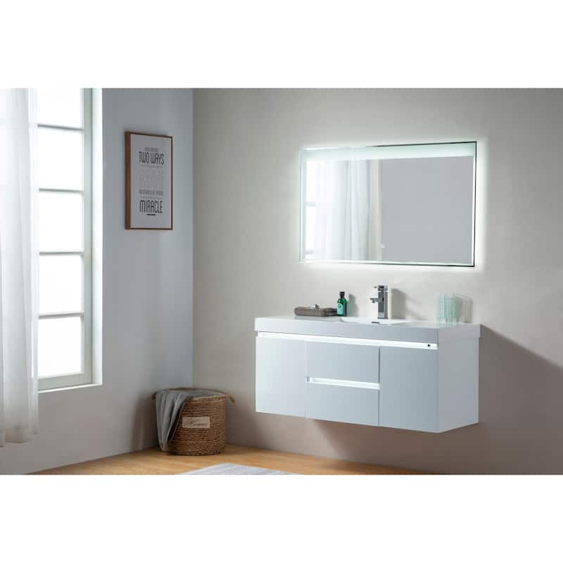 Vanity Art 48-Inch Single Sink Wall-Hung Bathroom Vanity Set White Stone Top Glossy Finish 2 Drawers 4 shelves