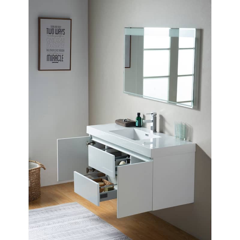 Vanity Art 48-Inch Single Sink Wall-Hung Bathroom Vanity Set White Stone Top Glossy Finish 2 Drawers 4 shelves