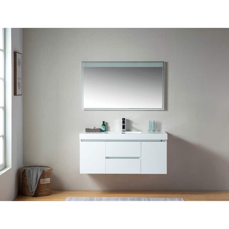 Vanity Art 48-Inch Single Sink Wall-Hung Bathroom Vanity Set White Stone Top Glossy Finish 2 Drawers 4 shelves
