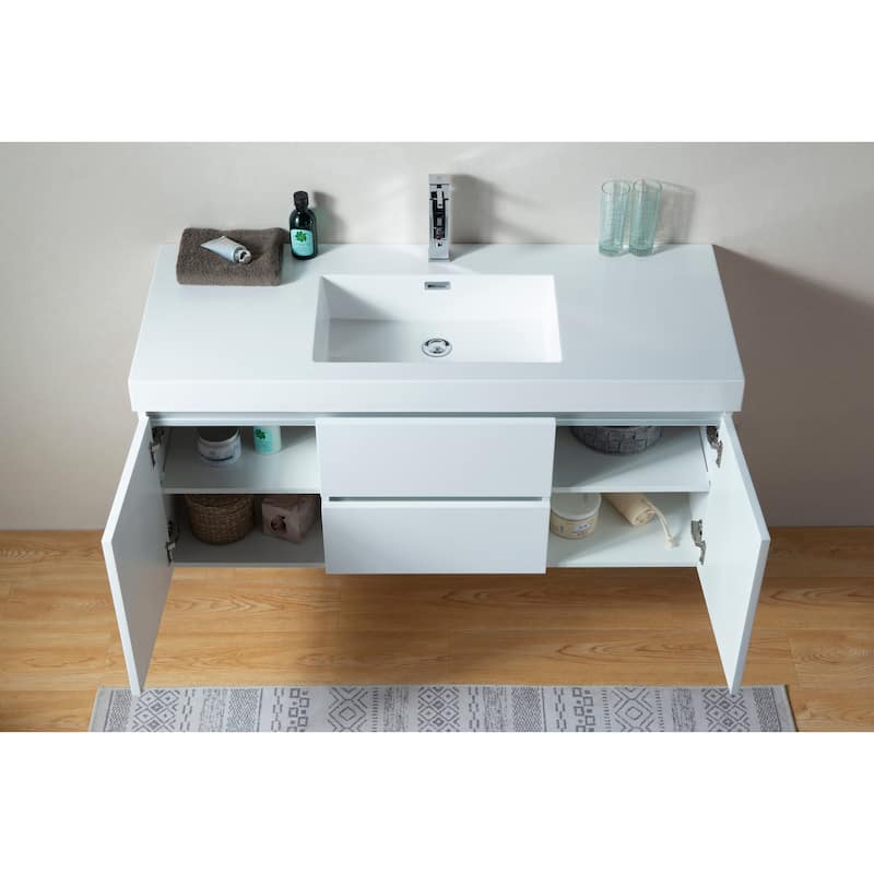 Vanity Art 48-Inch Single Sink Wall-Hung Bathroom Vanity Set White Stone Top Glossy Finish 2 Drawers 4 shelves