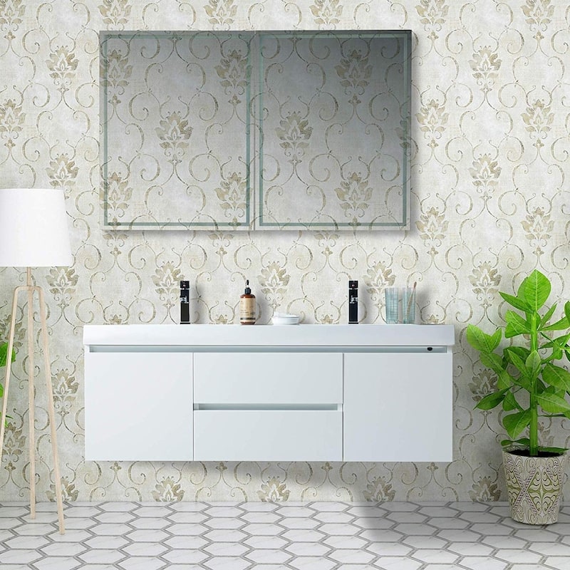 Vanity Art 60-Inch Double Sink Wall Hung Bathroom Vanity Set White Stone Top Glossy Finish with Sensor Switch