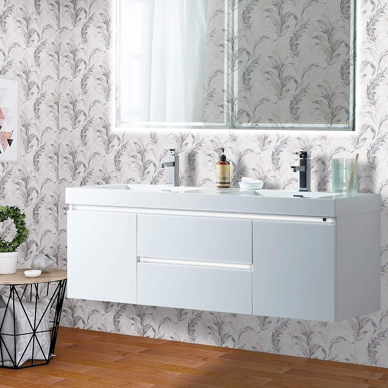 Vanity Art 60-Inch Double Sink Wall Hung Bathroom Vanity Set White Stone Top Glossy Finish with Sensor Switch