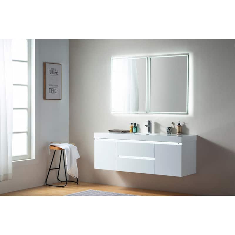 Vanity Art 60-Inch Single Sink Wall-Hung Bathroom Vanity Set White Stone Top Glossy Finish 2 Drawers 4 shelves