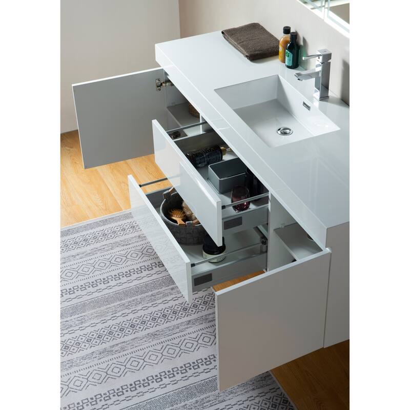 Vanity Art 60-Inch Single Sink Wall-Hung Bathroom Vanity Set White Stone Top Glossy Finish 2 Drawers 4 shelves