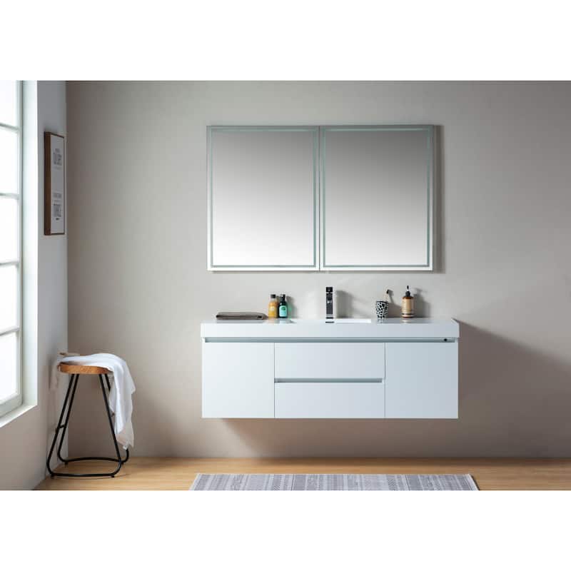Vanity Art 60-Inch Single Sink Wall-Hung Bathroom Vanity Set White Stone Top Glossy Finish 2 Drawers 4 shelves