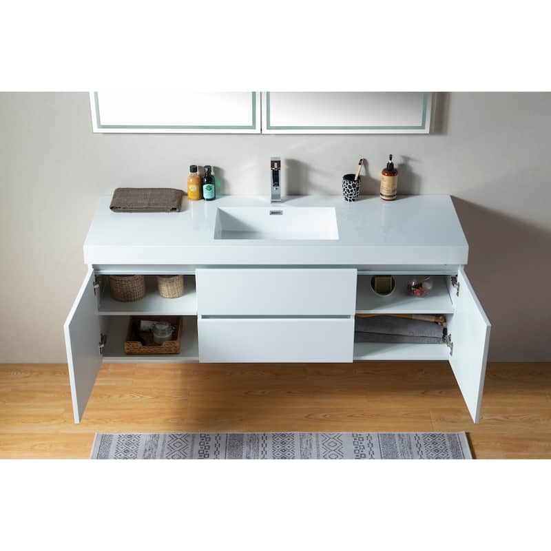 Vanity Art 60-Inch Single Sink Wall-Hung Bathroom Vanity Set White Stone Top Glossy Finish 2 Drawers 4 shelves